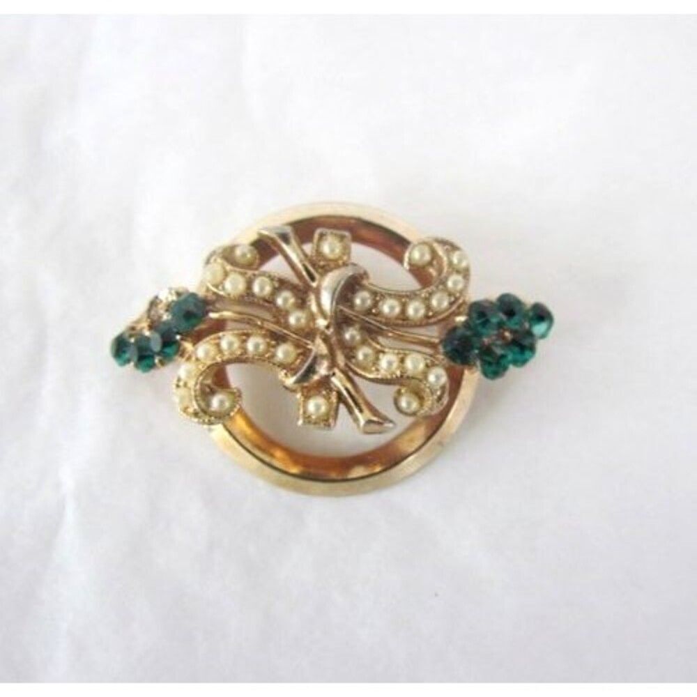 Vintage Brooch Faux Pearls Emerald Rhinestones MCM Unsigned Oleg Cassini